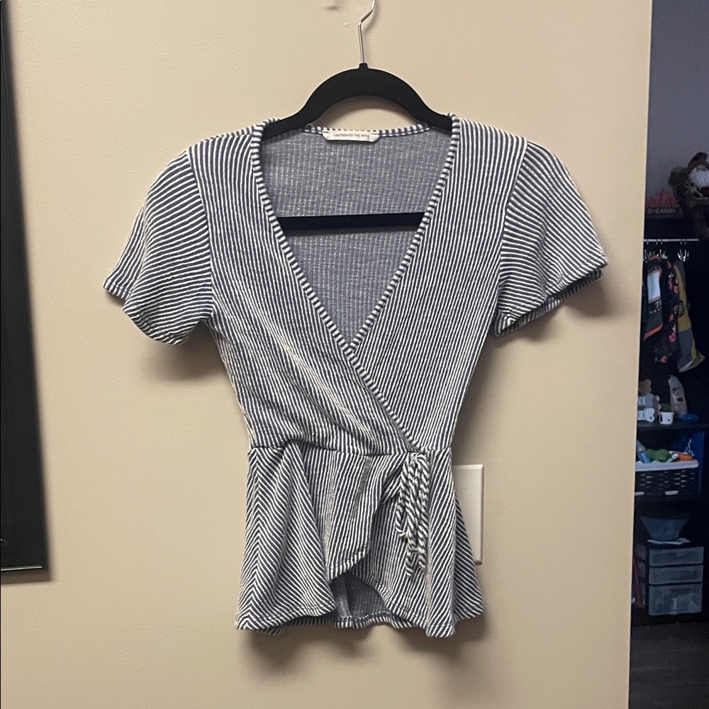 Caution To The Wind Navy and White Striped Wrap Blouse